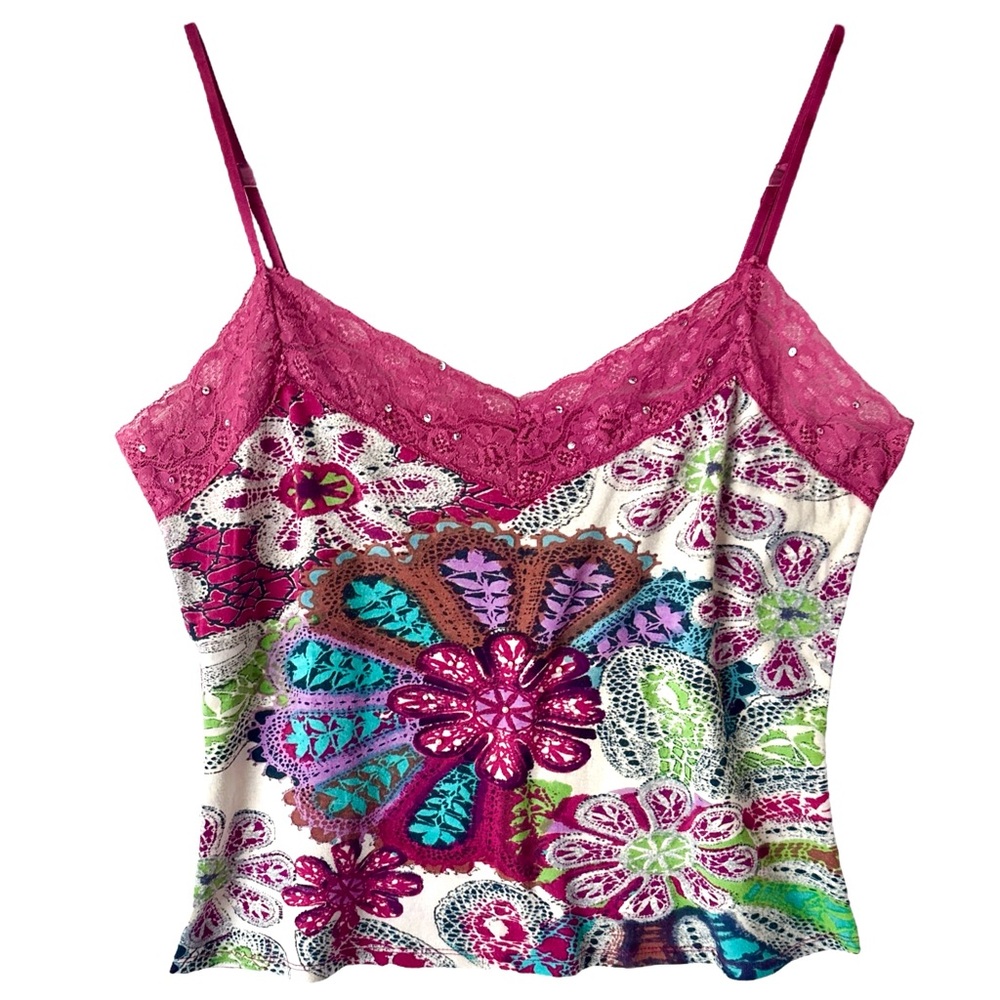 Y2K Boho Cropped Tank Top Size Medium Cotton Floral Cami Hippie Festival Whimsy